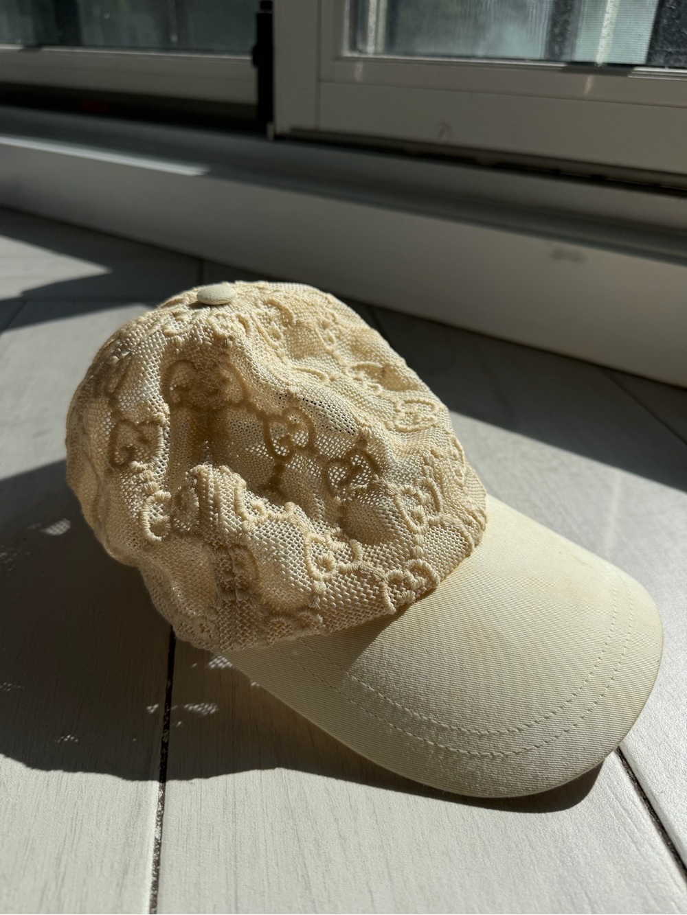 GUCCI Cream Ivory Lace Mesh Embroidered GG Monogram Baseball Cap 🧢